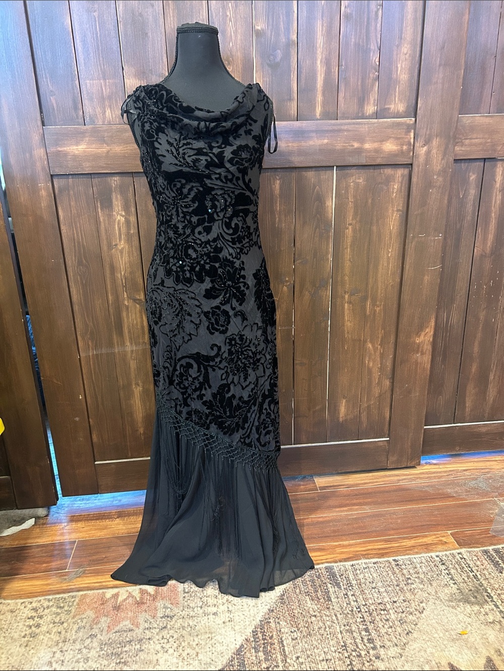 Alex Evenings Black Velvet Burnout Maxi Dress with Chiffon Hem